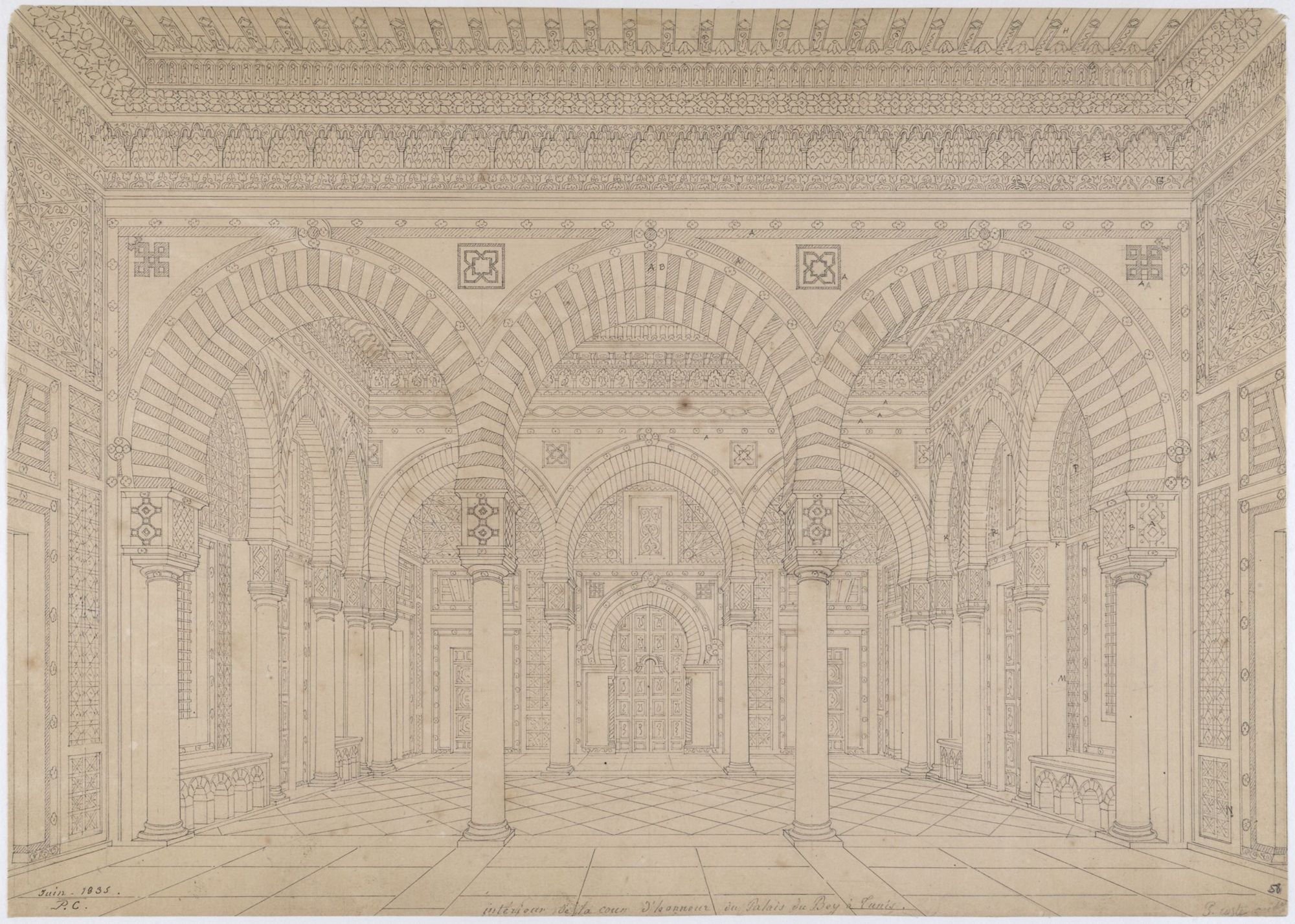 Pascal-Xavier Coste : Intérieur de la cour d'honneur du palais du Bey à Tunis,  Ms 1312F58