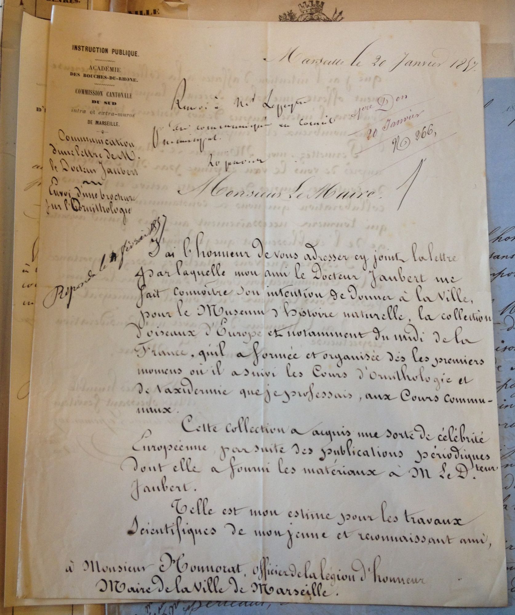 Lettre de Barthélémy Lapommeraye au Maire de Marseille, 1857